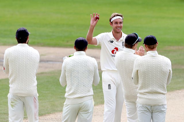 Stuart Broad, centre, responded magnificently after being left out of the series opener against the West Indies (Martin Rickett/PA)