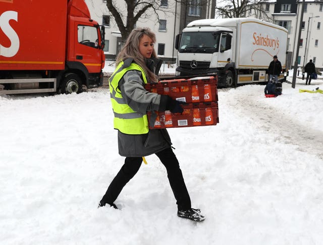 Bread is delivered in Larbert, near Falkirk, as supplies run low after the extreme weather (Andrew Milligan/PA)