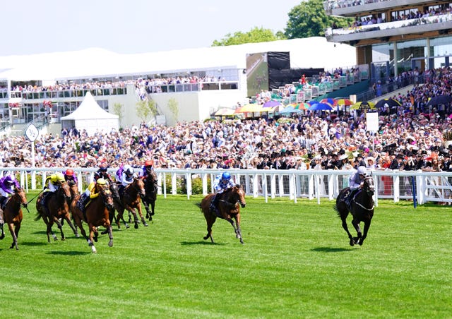 Maria Branwell (Blue and white, centre) finished third in the Queen Mary Stakes at Royal Ascot 