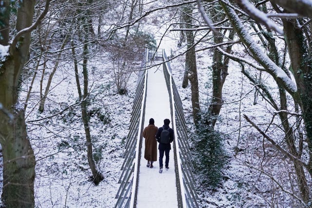 People walking through the snow at Pelaw Wood in Durham
