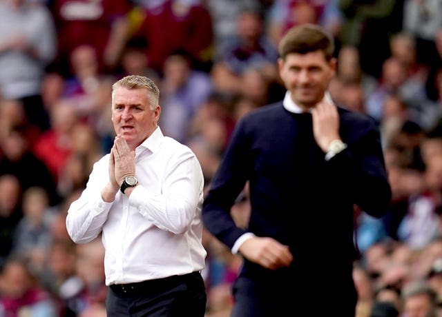 Norwich City manager Dean Smith (left) reacts during the Premier League match at Villa Park