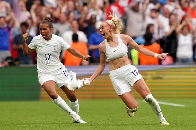 Chloe Kelly (right) celebrates with Nikita Parris after scoring their side’s second goal of the game during the UEFA Women’s Euro 2022 final at Wembley Stadium, London. 