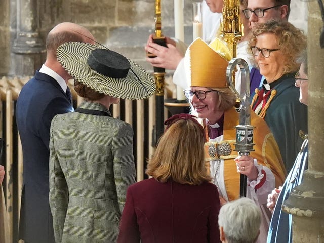 The Archbishop of Canterbury Dame Sarah Mullally speaks with the Prince and Princess of Wales following the Enthronement Ceremony 