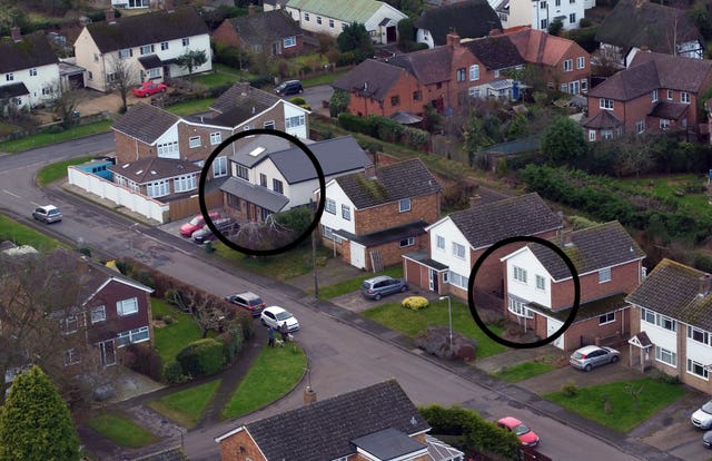 An aerial view of Manor Park in Maids Moreton, Buckinghamshire, of the former homes of Peter Farquhar, left, and Ann Moore-Martin, right