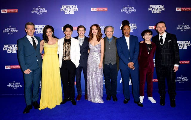The cast and crew of Ready Player One (from left to right) Ben Mendelsohn, Hannah John-Kamen, Win Morisaki, Tye Sheridan, Olivia Cooke, Steven Spielberg, Lena Waithe, Philip Zhao and Simon Pegg attending the European premiere of Ready Player One (Ian West/PA)