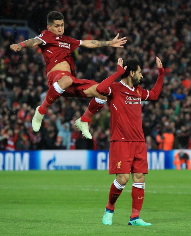 Liverpool’s Mohamed Salah (right) and Roberto Firmino have scored 10 goals apiece in the Champions League this season.