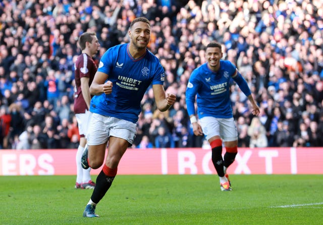 Rangers’ Cyriel Dessers celebrates after scoring his side’s fourth goal in a 5-0 home victory over Hearts