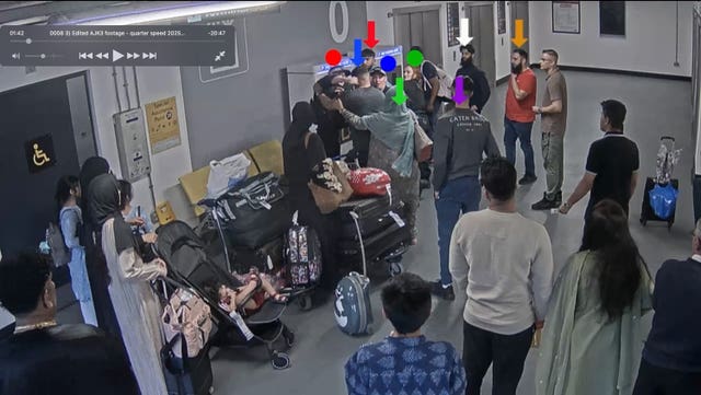 Pc Lydia Ward (green dot) and Mohammed Fahir Amaaz (red arrow), Pc Ellie Cook (blue dot), Pc Zachary Marsden (red dot) and Muhammad Amaad (blue arrow), during the alleged assault at Manchester Airport