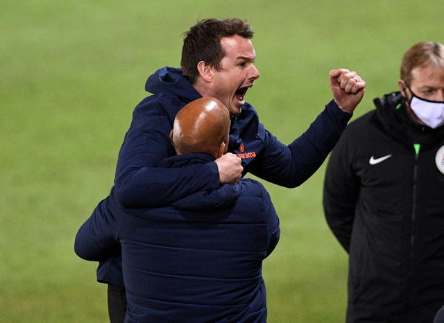 Chorley manager Jamie Vermiglio celebrates his side's victory over Peterborough in the FA Cup second round