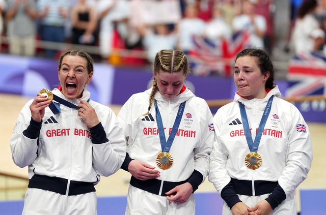 Great Britain’s Katy Marchant, Emma Finucane and Sophie Capewell with their gold medals 