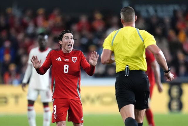 Wales’ Harry Wilson appeals to referee Robert Jones