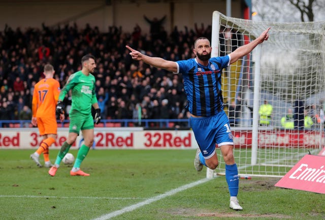 Aaron Wilbraham celebrates his equaliser for Rochdale against Newcastle