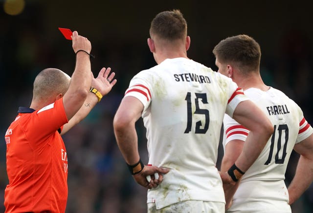 Freddie Steward is shown a red card against Ireland