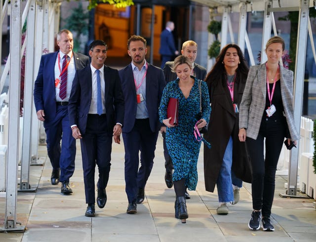 Prime Minister Rishi Sunak arrives at the Conservative Party annual conference at Manchester Central convention complex