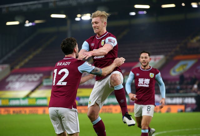 Ben Mee celebrates scoring the only goal of the game 