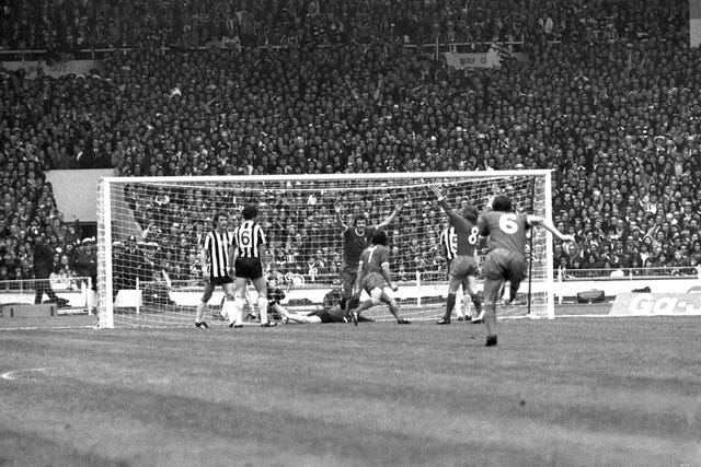 A volley from Kevin Keegan puts Liverpool a goal up after 57 minutes of the 1974 FA Cup Final at Wembley