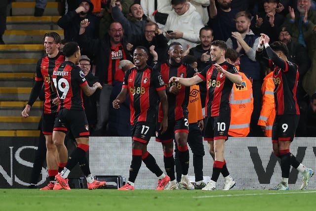 Bournemouth celebrate their opening goal against Arsenal