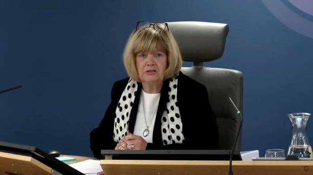 Screen grab from the UK Covid-19 Inquiry live stream of chairwoman Baroness Heather Hallett on day one of module three of the inquiry, at Dorland House in London