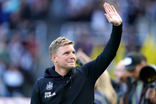 Newcastle manager Eddie Howe waves to the fans
