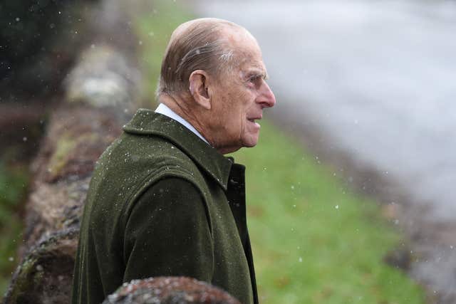 The Duke of Edinburgh leaves after attending a service at St Lawrence Church, Castle Rising
