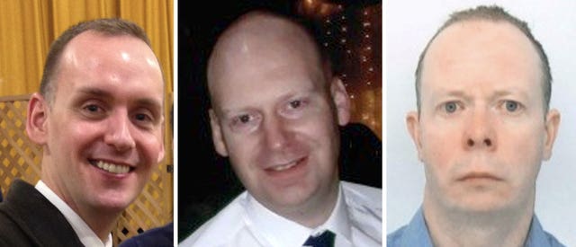 Undated family handout photos issued by Thames Valley Police of (left to right) Joe Ritchie-Bennett, James Furlong and David Wails, the three victims of the Reading terror attack. 