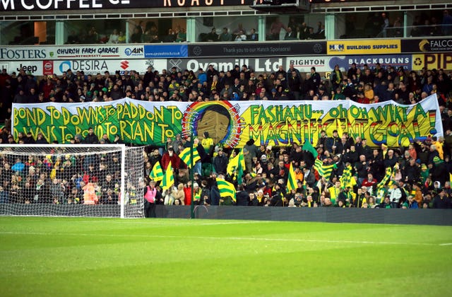 General view of a banner from the Proud Canaries of the 40th anniversary of Justin Fashanu’s goal against Liverpool