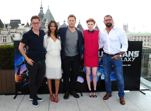 James Gunn, Zoe Saldana, Chris Pratt, Karen Gillan and David Bautista attending a photocall for Guardians Of The Galaxy 