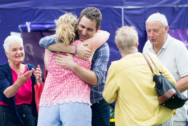 Jo Cox's widower Brendan and her mother Jean Leadbeater (left) and father Gordon Leadbeater (right) attended a Great Get Together event in 2017 at The Green in Heckmondwike, Yorskshire (Danny Lawson/PA)