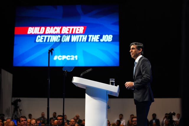 Chancellor Rishi Sunak speaking at the Conservative Party Conference in Manchester