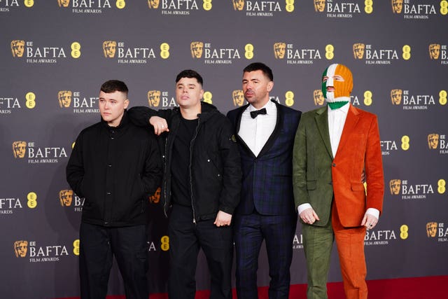 Mo Chara (Naoise O Caireallain), Moglai Bap (Liam Og O Hannaidh), Rich Peppiatt and DJ Provai of Kneecap attending the Baftas in London