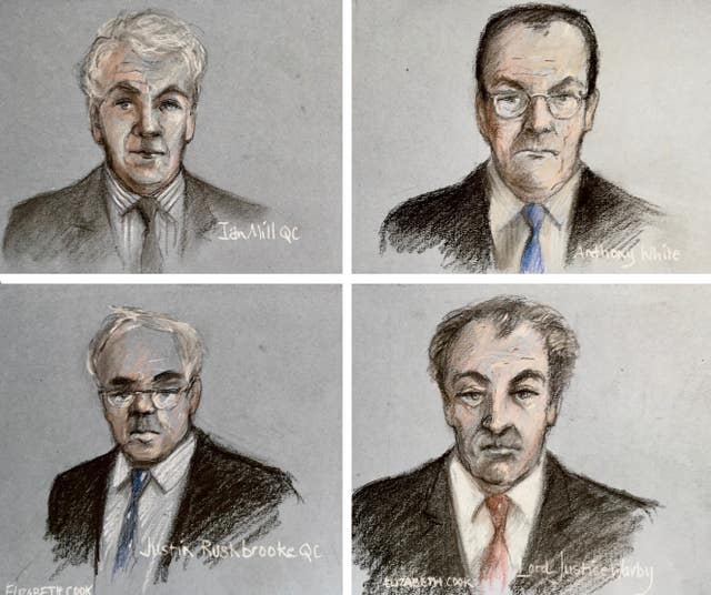Court sketch of Ian Mill QC, representing Meghan, and Antony White QC, representing Associated Newspapers Limited (ANL), Justin Rushbrooke QC, representing the duchess and Lord Justice Warby during the Duchess of Sussex’s High Court privacy action against ANL (Elizabeth Cook/PA)