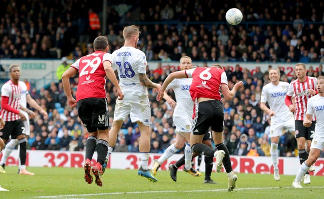 Pontus Jansson scores for Leeds against Brentford in October 2018