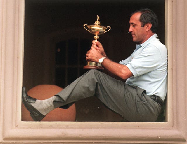 Team Europe captain Seve Ballesteros holds the Ryder Cup trophy at the Valderrama clubhouse in the first contest held in continent Europe in 1997