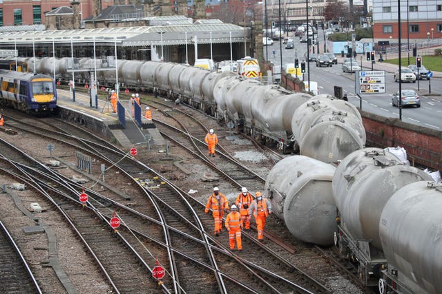 The train was travelling from Hope, Derbyshire to Dewsbury, West Yorkshire when it came off the tracks while passing through Sheffield station (Danny Lawson/PA)