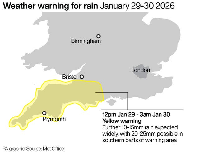A PA graphic showing a weather warning for rain on January 29-30 