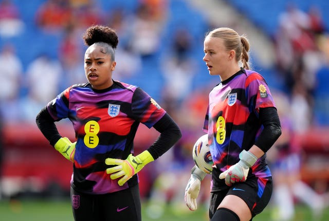 England’s goalkeeper Hannah Hampton (right) and Khiara Keating (left) warms up before the UEFA Women’s Nations League, League A, Group A3 match at the RCDE Stadium, Barcelona