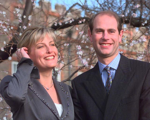 Prince Edward and Sophie Rhys-Jones in the garden of St James’s Palace in 1999 after their engagement was announced (Toby Melville/PA)