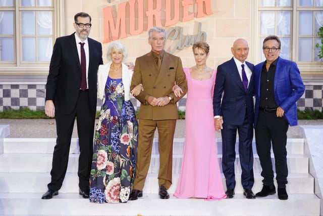 Richard Osman, Dame Helen Mirren, Pierce Brosnan, Celia Imrie, Sir Ben Kingsley and Chris Columbus arriving at the UK premiere of The Thursday Murder Club