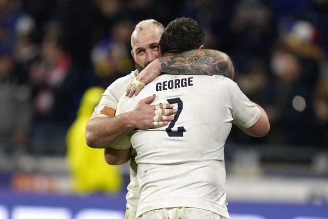 Joe Marler and Jamie George embrace after England's narrow defeat by France in March