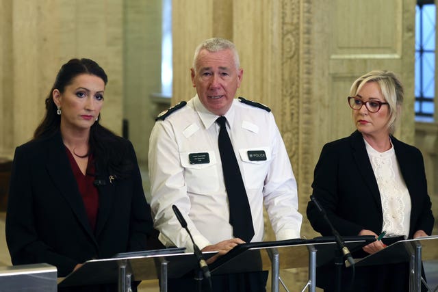 Deputy first Minister Emma Little-Pengelly, PSNI chief Constable Jon Boutcher and First Minister Michelle O’Neill speaking to the media at Parliament buildings at Stormont