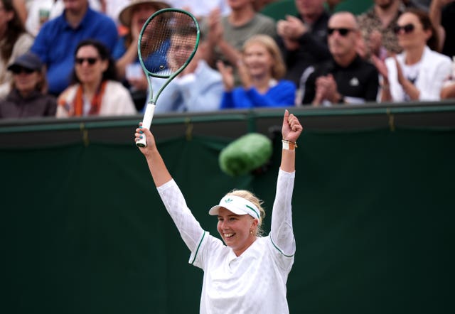 Clara Tauson celebrates victory over 2022 Wimbledon champion Elena Rybakina
