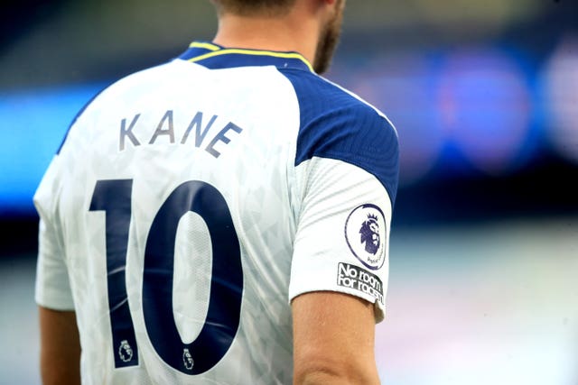 A general view of the “No room for racism” badge on Tottenham forward Harry Kane