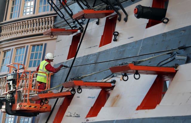 HMS Victory undergoes her biennial painting at the National Museum of the Royal Navy’s Portsmouth Historical Dockyard. Since 2015, the ship has been painted in the colours she was in at the time of the Battle of Trafalgar in 1805