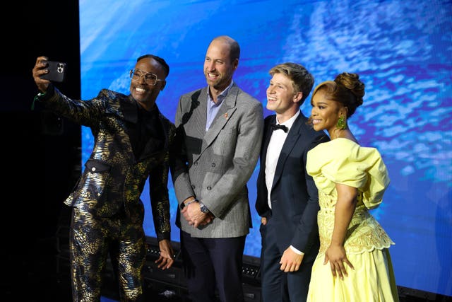 Billy Porter takes a selfie with the Prince of Wales and Earthshot ambassadors Nomzamo Mbatha and Robert Irwin during the Earthshot Prize Awards in Cape Town