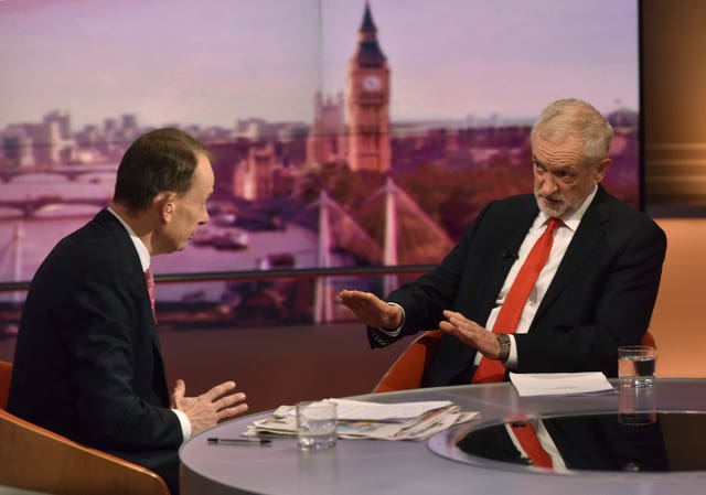 Jeremy Corbyn, right, being interviewed by host Andrew Marr on the BBC1 current affairs programme, The Andrew Marr Show
