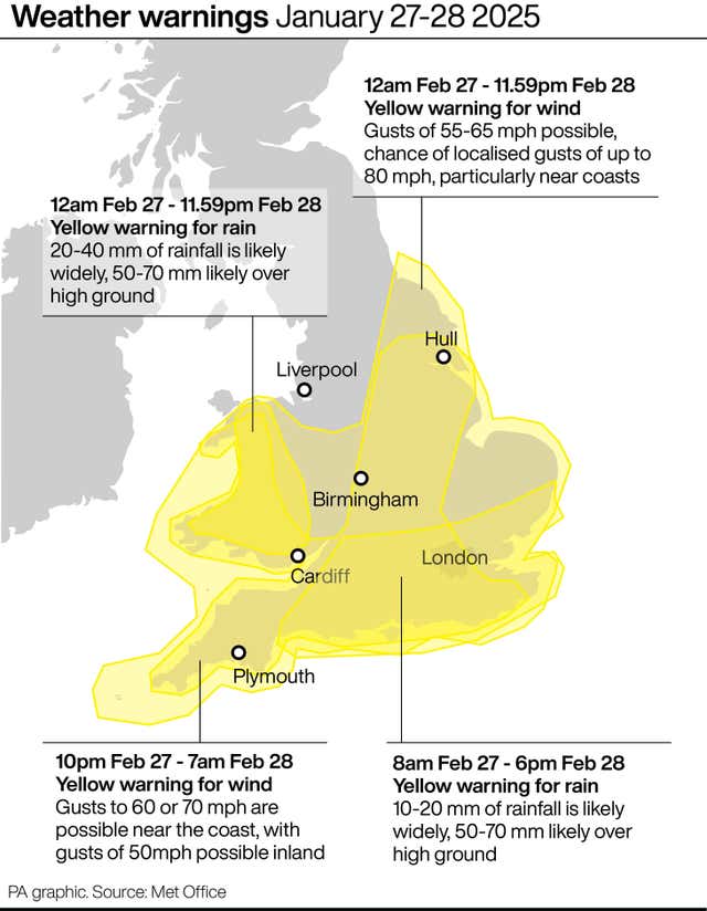 Map of Met Office weather warnings January 27-28