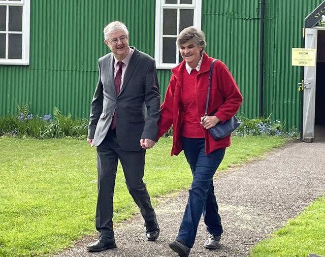 Mark Drakeford and wife Clare after voting at St Catherine’s Hall, Pontcanna, Cardiff 