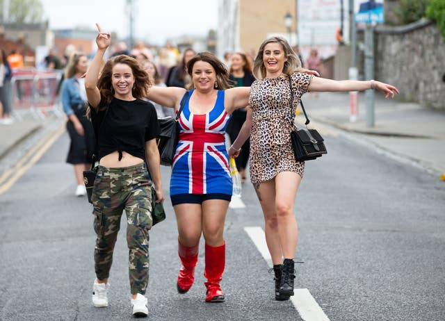 Spice Girls fans Julie Anne Murphy, Emma Lynch and Maxine Allen arrive at Croke Park stadium in Dublin