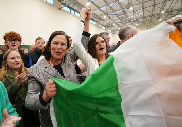 Sinn Fein leader Mary Lou McDonald celebrates as Kathleen Funchion is elected in the European elections