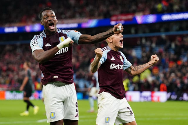 Aston Villa’s Jhon Duran (left) and Lucas Digne celebrate at the full-time whistle after their Champions League win against Bayern Munich at Villa Park